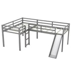 Wooden Twin Size Double Loft Bed with Slide, L Shaped Loft Bed Frame with Full-Length Guardrail for Kids Bedroom