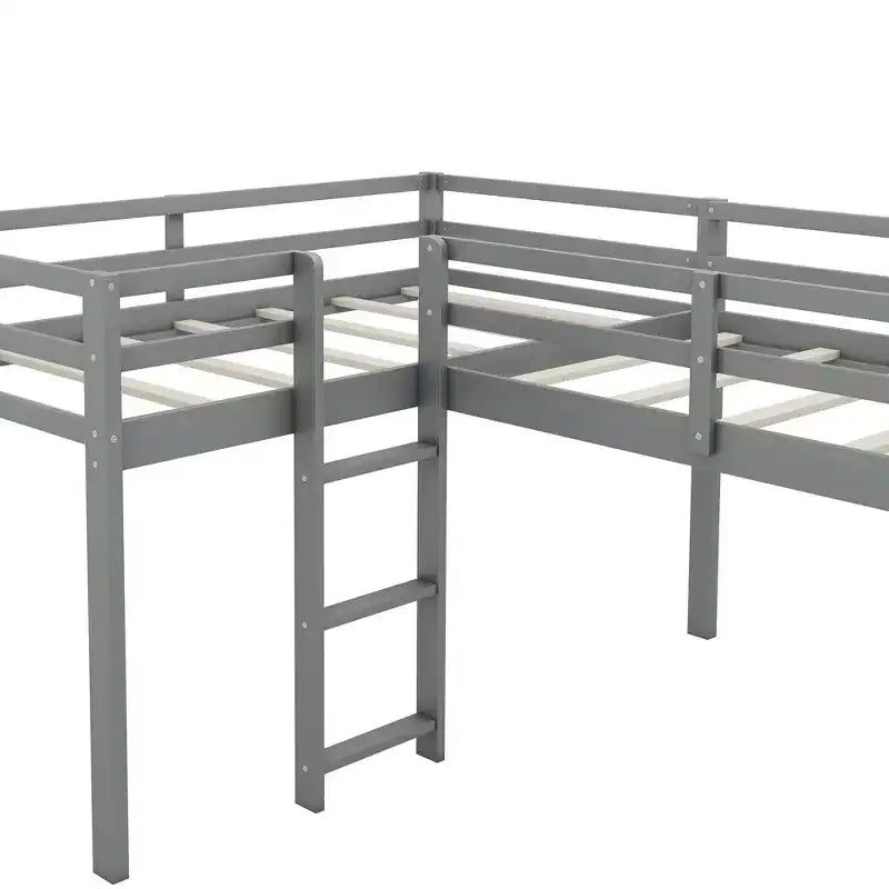 Wooden Twin Size Double Loft Bed with Slide, L Shaped Loft Bed Frame with Full-Length Guardrail for Kids Bedroom