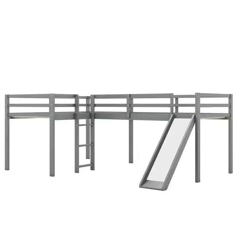 Wooden Twin Size Double Loft Bed with Slide, L Shaped Loft Bed Frame with Full-Length Guardrail for Kids Bedroom