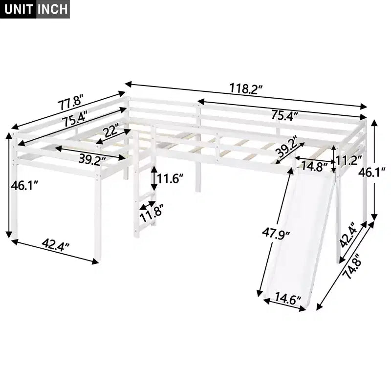 Wooden Twin Size Double Loft Bed with Slide, L Shaped Loft Bed Frame with Full-Length Guardrail for Kids Bedroom