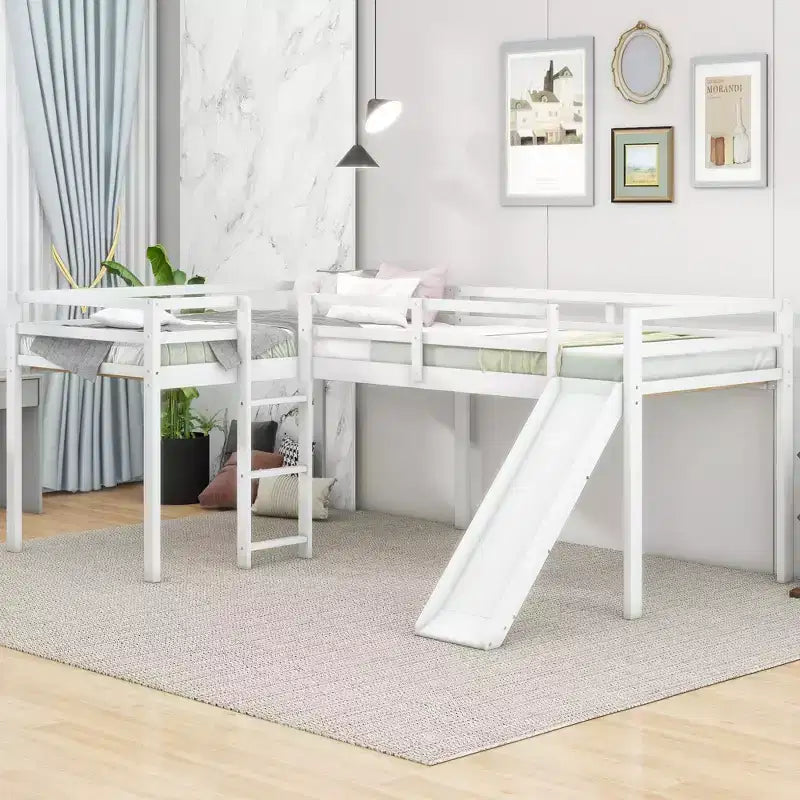 Wooden Twin Size Double Loft Bed with Slide, L Shaped Loft Bed Frame with Full-Length Guardrail for Kids Bedroom