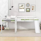 Wooden Twin Size Double Loft Bed with Slide, L Shaped Loft Bed Frame with Full-Length Guardrail for Kids Bedroom