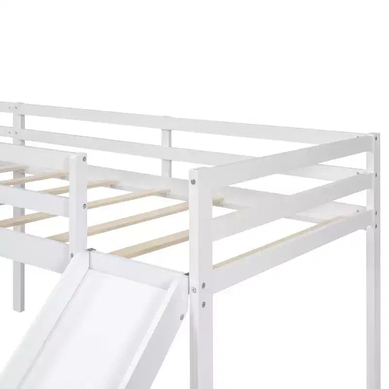 Wooden Twin Size Double Loft Bed with Slide, L Shaped Loft Bed Frame with Full-Length Guardrail for Kids Bedroom