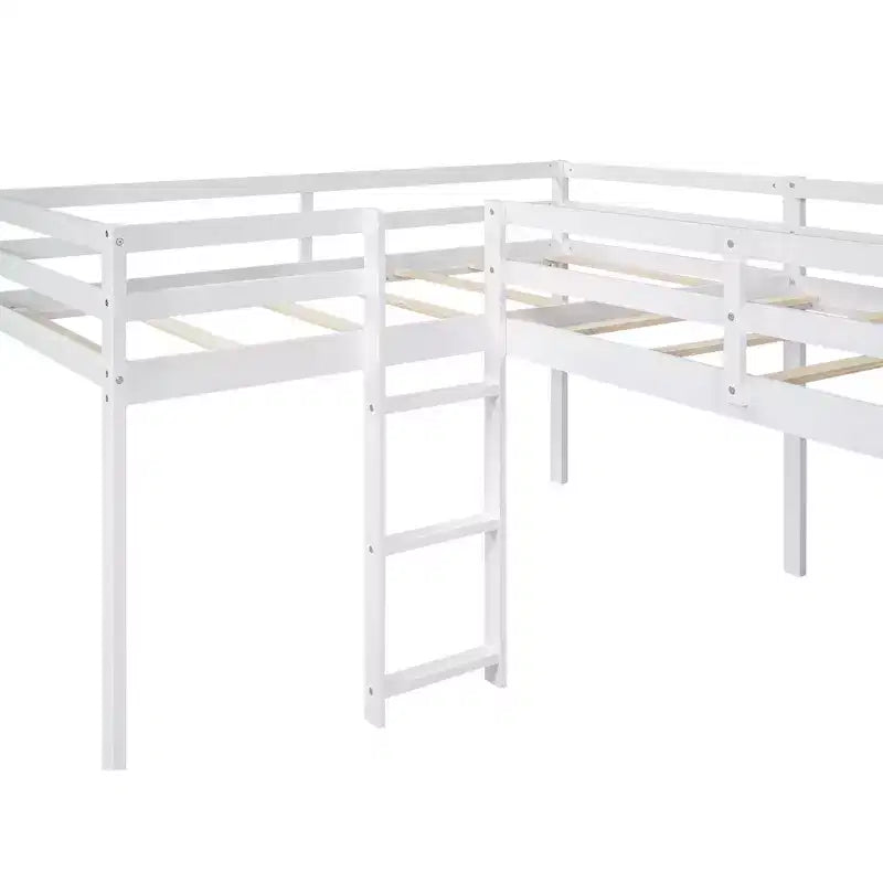 Wooden Twin Size Double Loft Bed with Slide, L Shaped Loft Bed Frame with Full-Length Guardrail for Kids Bedroom