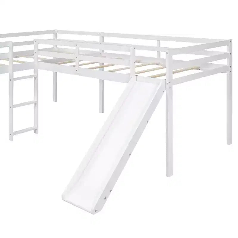 Wooden Twin Size Double Loft Bed with Slide, L Shaped Loft Bed Frame with Full-Length Guardrail for Kids Bedroom