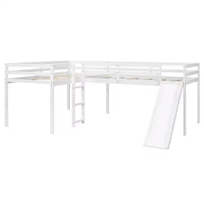 Wooden Twin Size Double Loft Bed with Slide, L Shaped Loft Bed Frame with Full-Length Guardrail for Kids Bedroom