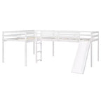 Wooden Twin Size Double Loft Bed with Slide, L Shaped Loft Bed Frame with Full-Length Guardrail for Kids Bedroom