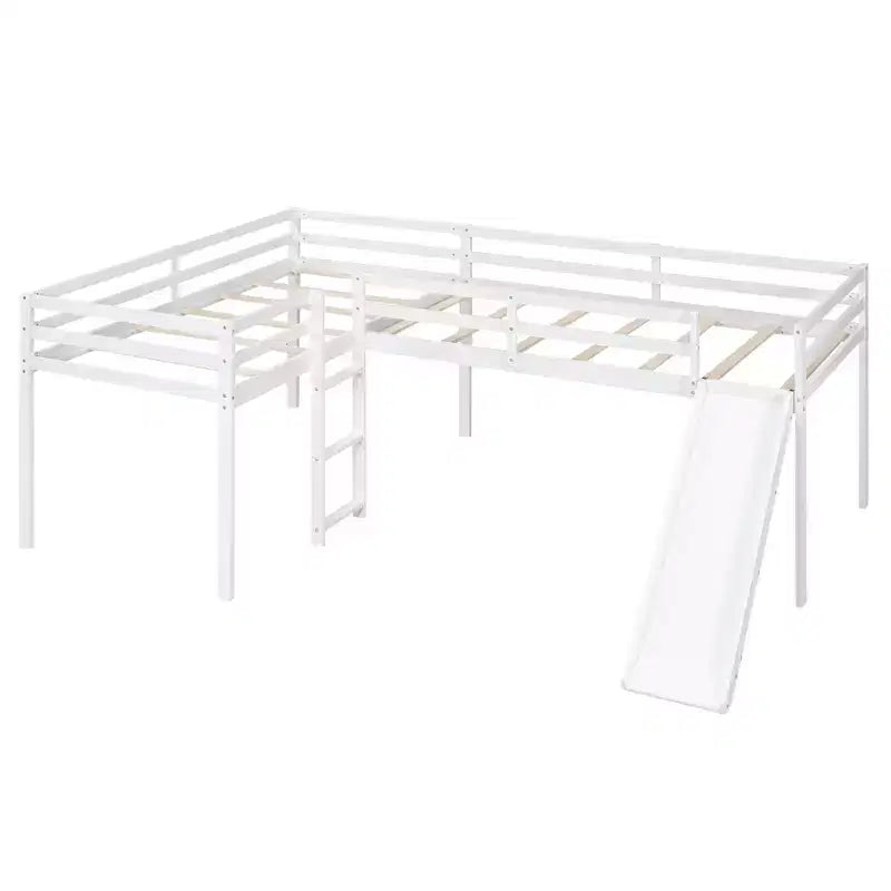 Wooden Twin Size Double Loft Bed with Slide, L Shaped Loft Bed Frame with Full-Length Guardrail for Kids Bedroom