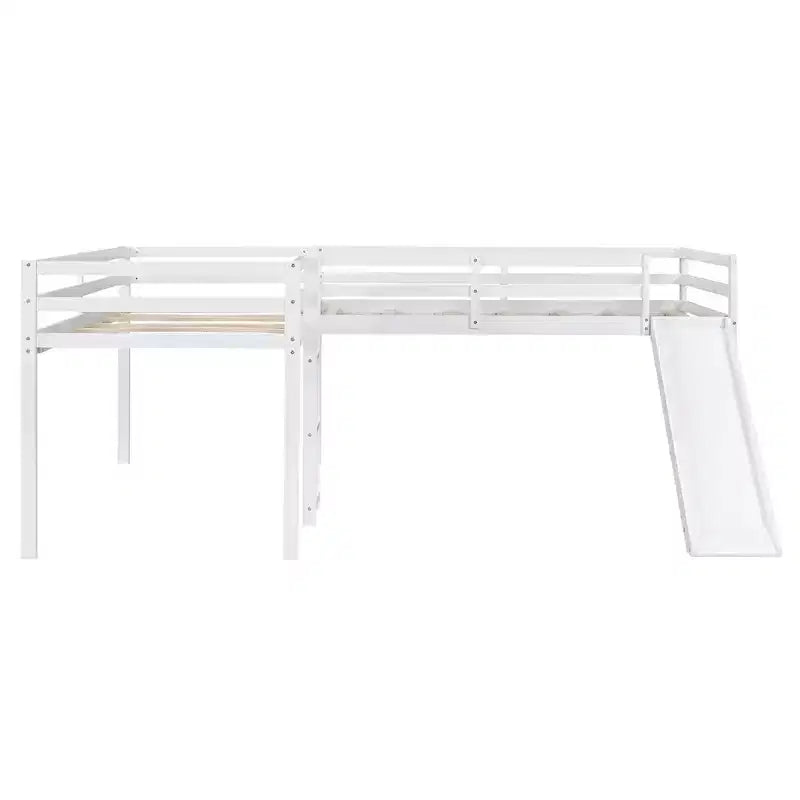 Wooden Twin Size Double Loft Bed with Slide, L Shaped Loft Bed Frame with Full-Length Guardrail for Kids Bedroom