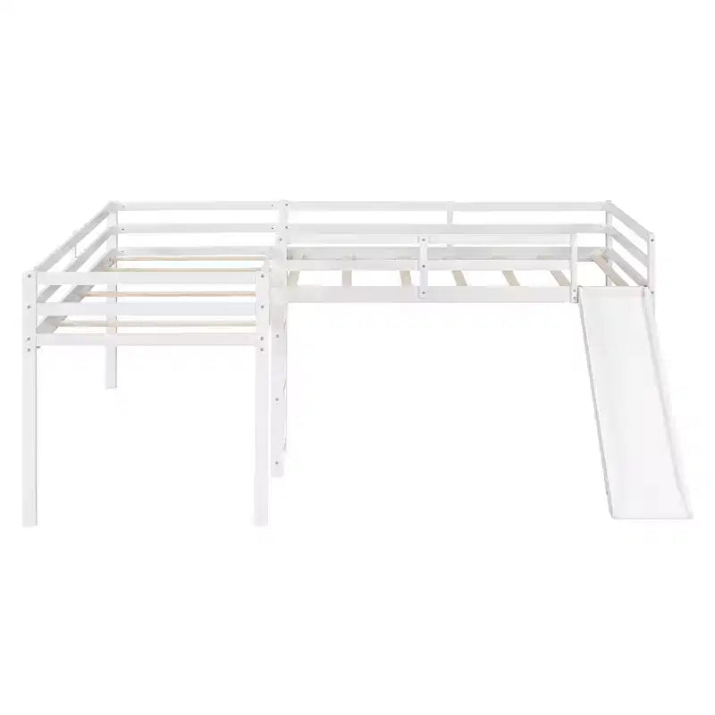 Wooden Twin Size Double Loft Bed with Slide, L Shaped Loft Bed Frame with Full-Length Guardrail for Kids Bedroom