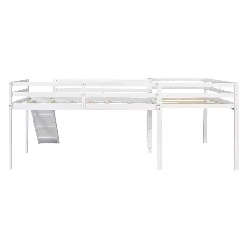 Wooden Twin Size Double Loft Bed with Slide, L Shaped Loft Bed Frame with Full-Length Guardrail for Kids Bedroom