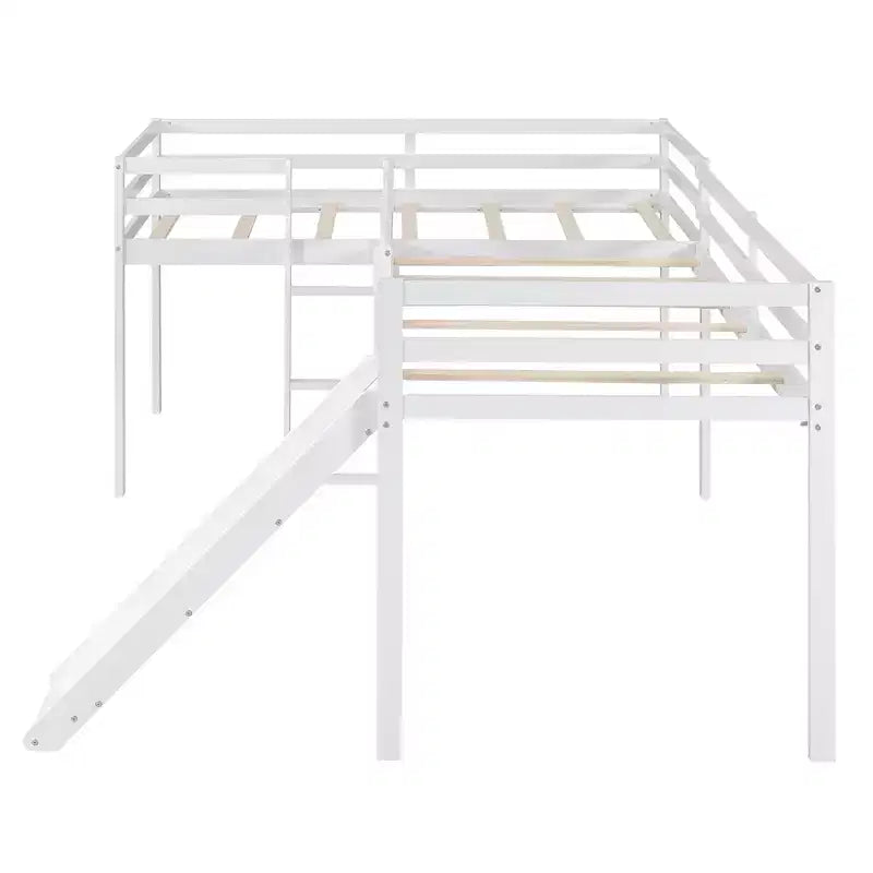 Wooden Twin Size Double Loft Bed with Slide, L Shaped Loft Bed Frame with Full-Length Guardrail for Kids Bedroom