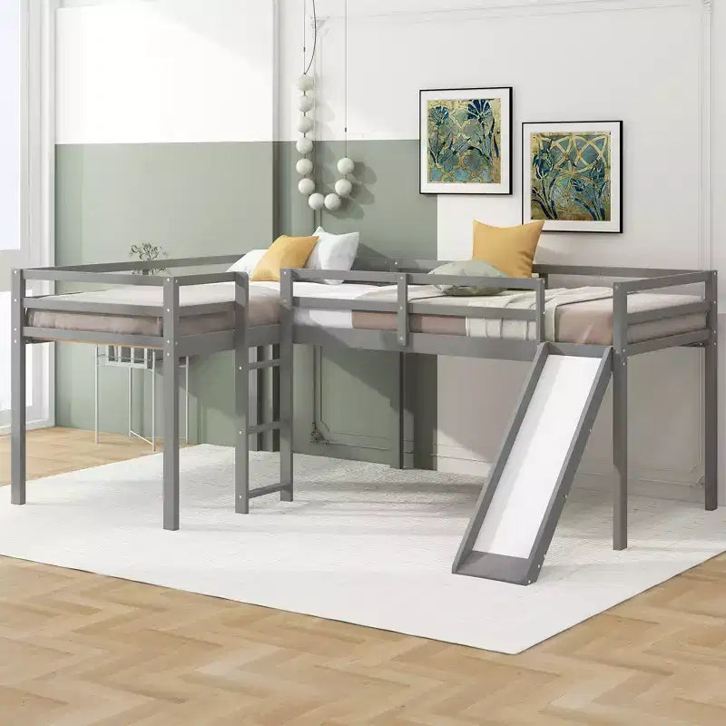 Wooden Twin Size Double Loft Bed with Slide, L Shaped Loft Bed Frame with Full-Length Guardrail for Kids Bedroom