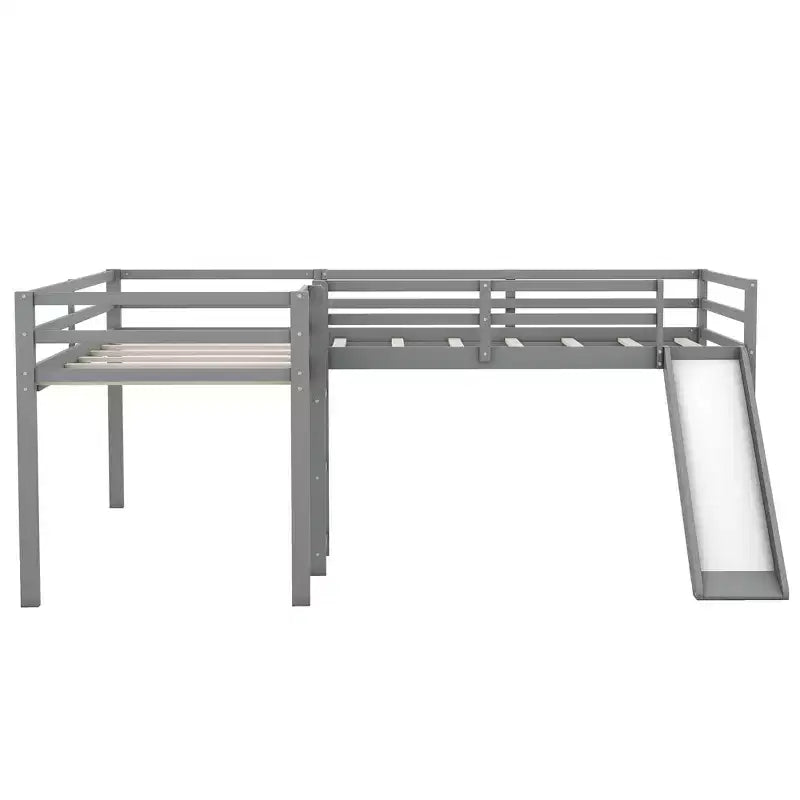 Wooden Twin Size Double Loft Bed with Slide, L Shaped Loft Bed Frame with Full-Length Guardrail for Kids Bedroom