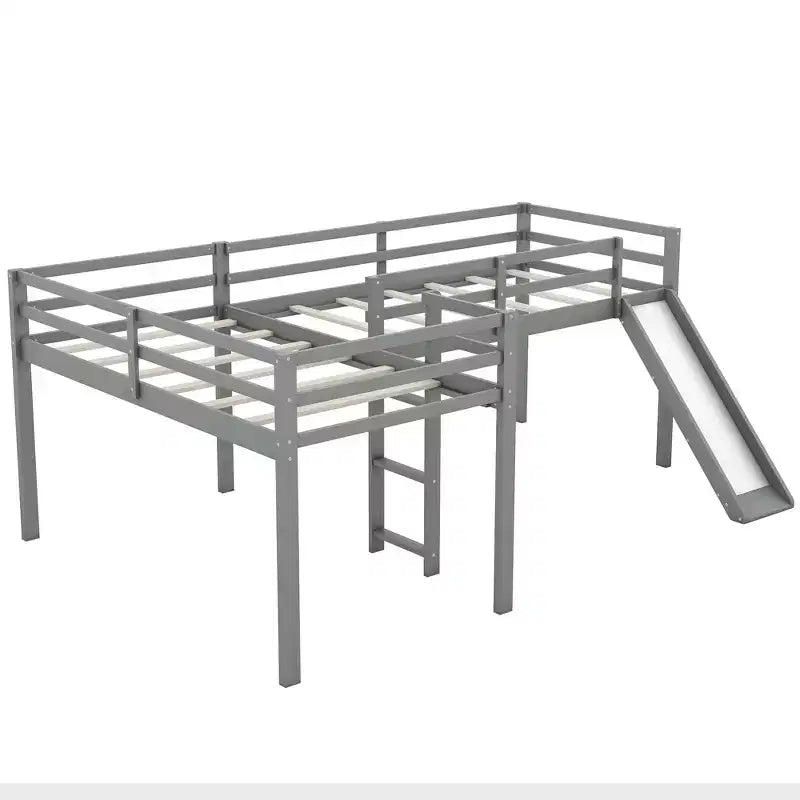 Wooden Twin Size Double Loft Bed with Slide, L Shaped Loft Bed Frame with Full-Length Guardrail for Kids Bedroom