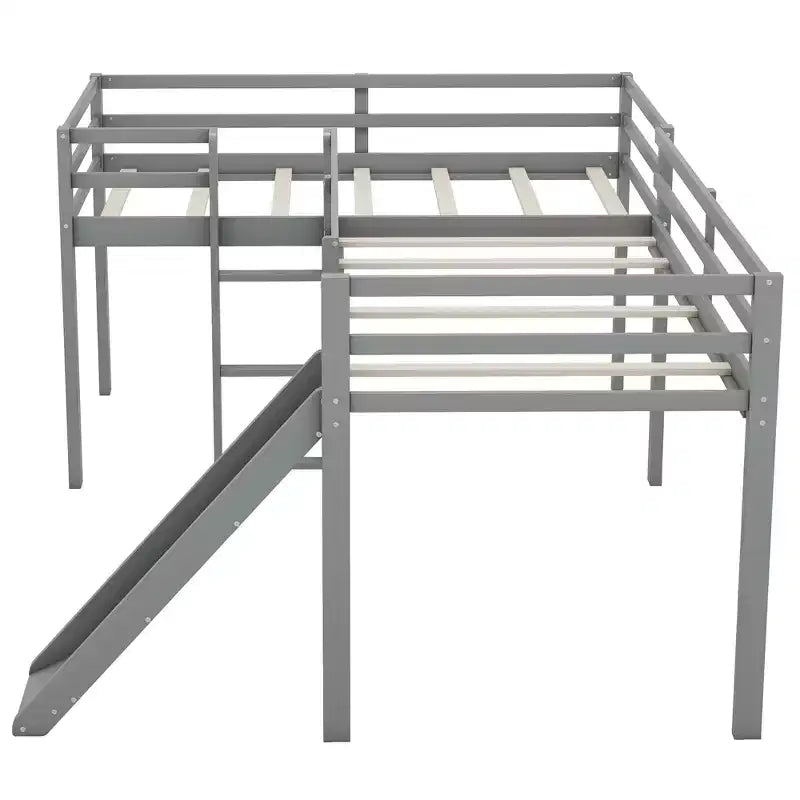Wooden Twin Size Double Loft Bed with Slide, L Shaped Loft Bed Frame with Full-Length Guardrail for Kids Bedroom