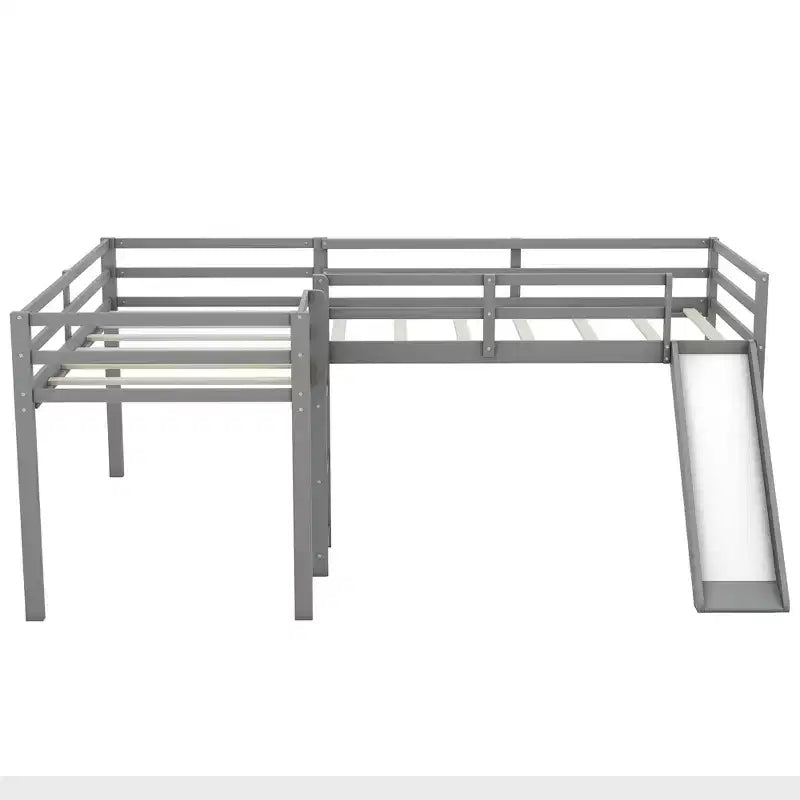 Wooden Twin Size Double Loft Bed with Slide, L Shaped Loft Bed Frame with Full-Length Guardrail for Kids Bedroom