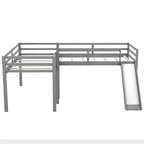 Wooden Twin Size Double Loft Bed with Slide, L Shaped Loft Bed Frame with Full-Length Guardrail for Kids Bedroom