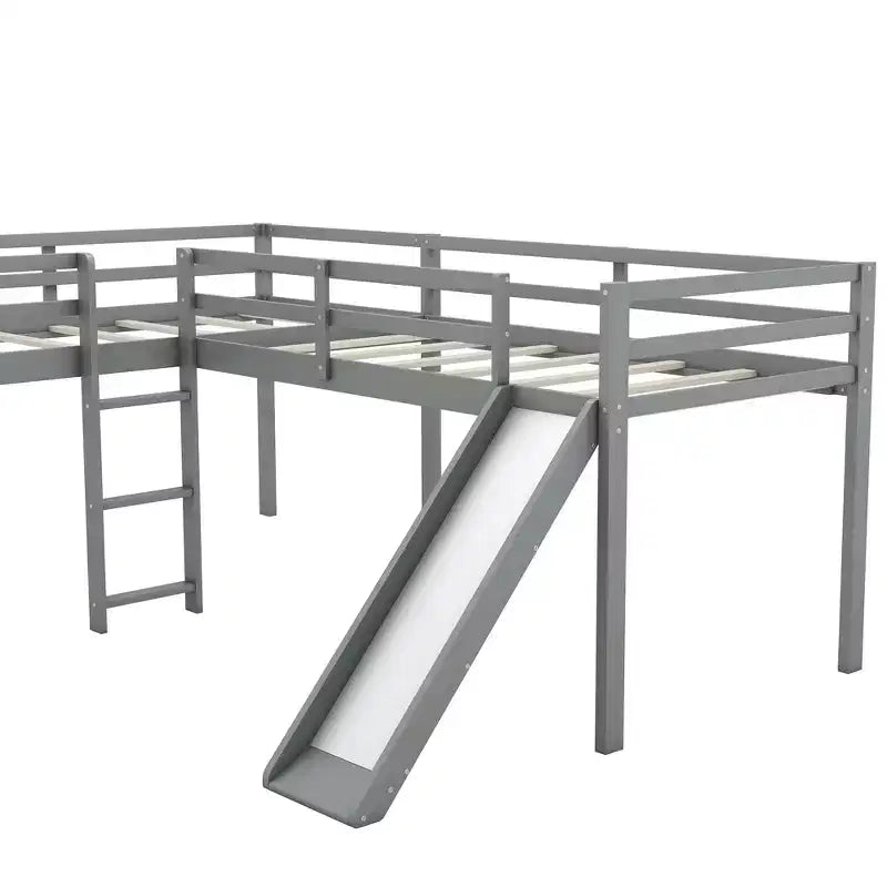 Wooden Twin Size Double Loft Bed with Slide, L Shaped Loft Bed Frame with Full-Length Guardrail for Kids Bedroom