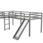 Wooden Twin Size Double Loft Bed with Slide, L Shaped Loft Bed Frame with Full-Length Guardrail for Kids Bedroom