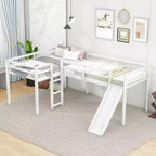 Wooden Twin Size Double Loft Bed with Slide, L Shaped Loft Bed Frame with Full-Length Guardrail for Kids Bedroom