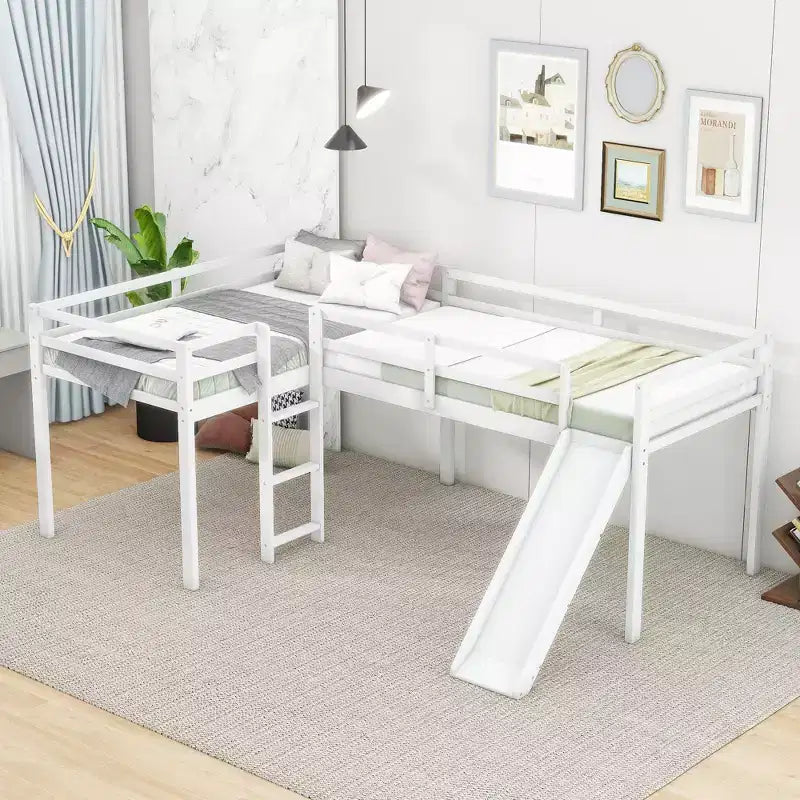Wooden Twin Size Double Loft Bed with Slide, L Shaped Loft Bed Frame with Full-Length Guardrail for Kids Bedroom