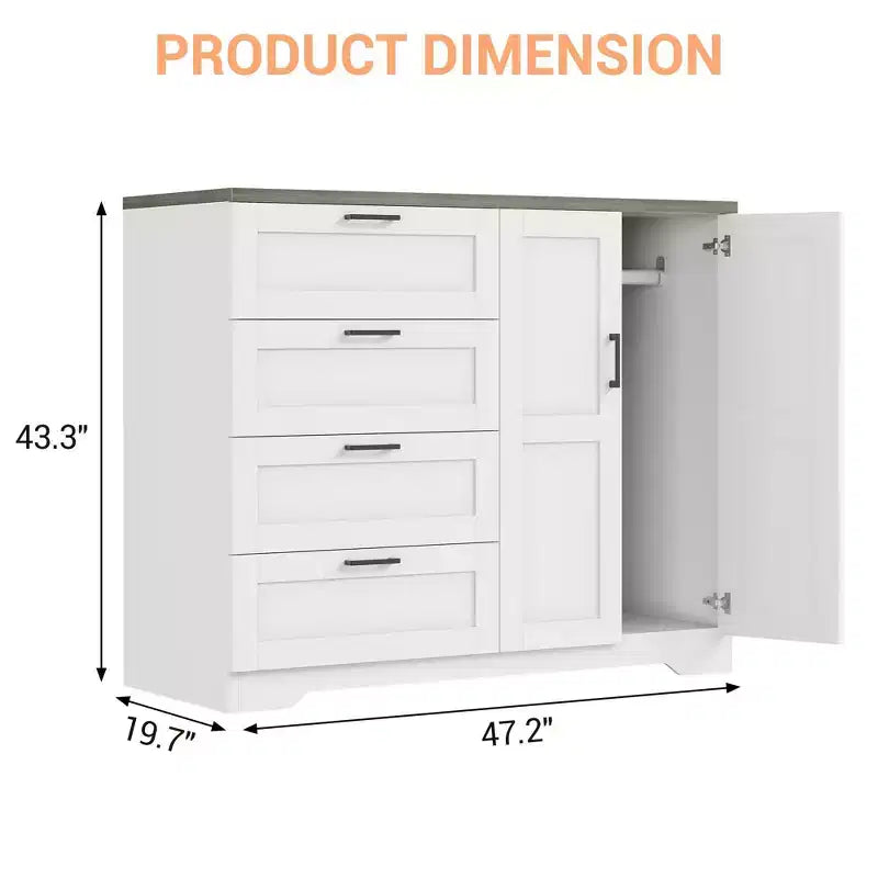 43.3'' H Multifunctional Wooden Dresser, 2 Door Wardrobe Armoire Closet with 4 Drawers and Hanging Rod, Wooden Dresser Cabinet for Bedroom