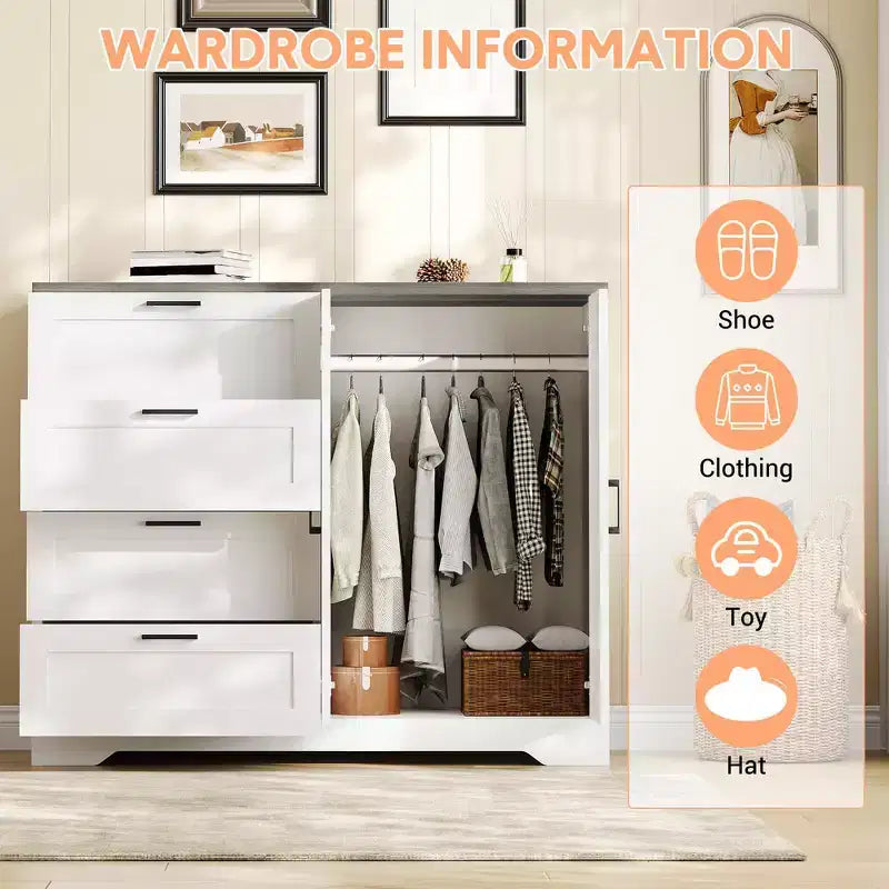 43.3'' H Multifunctional Wooden Dresser, 2 Door Wardrobe Armoire Closet with 4 Drawers and Hanging Rod, Wooden Dresser Cabinet for Bedroom