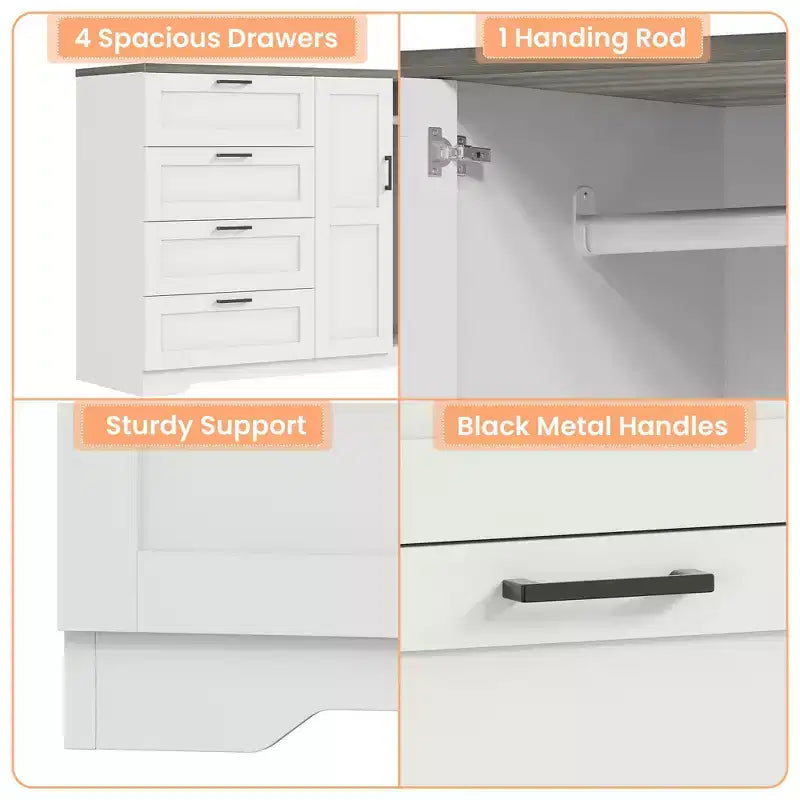 43.3'' H Multifunctional Wooden Dresser, 2 Door Wardrobe Armoire Closet with 4 Drawers and Hanging Rod, Wooden Dresser Cabinet for Bedroom