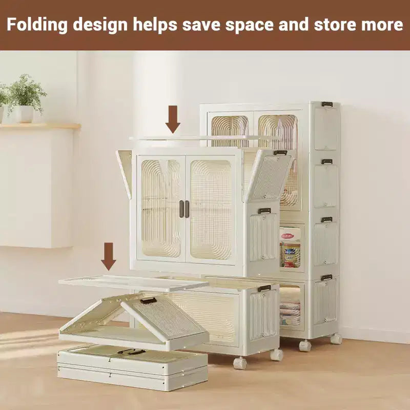 3 Tier Portable Kids Wardrobe Closet with Doors, Plastic Children's Clothing Storage Cabinet with Hanging Rod & 10 Hangers