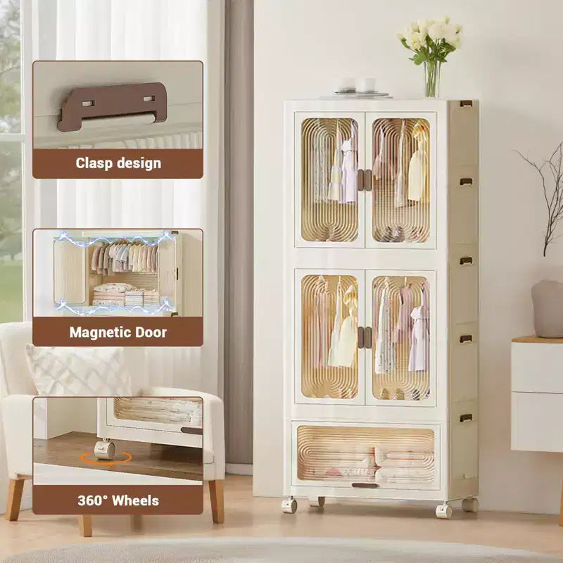 3 Tier Portable Kids Wardrobe Closet with Doors, Plastic Children's Clothing Storage Cabinet with Hanging Rod & 10 Hangers