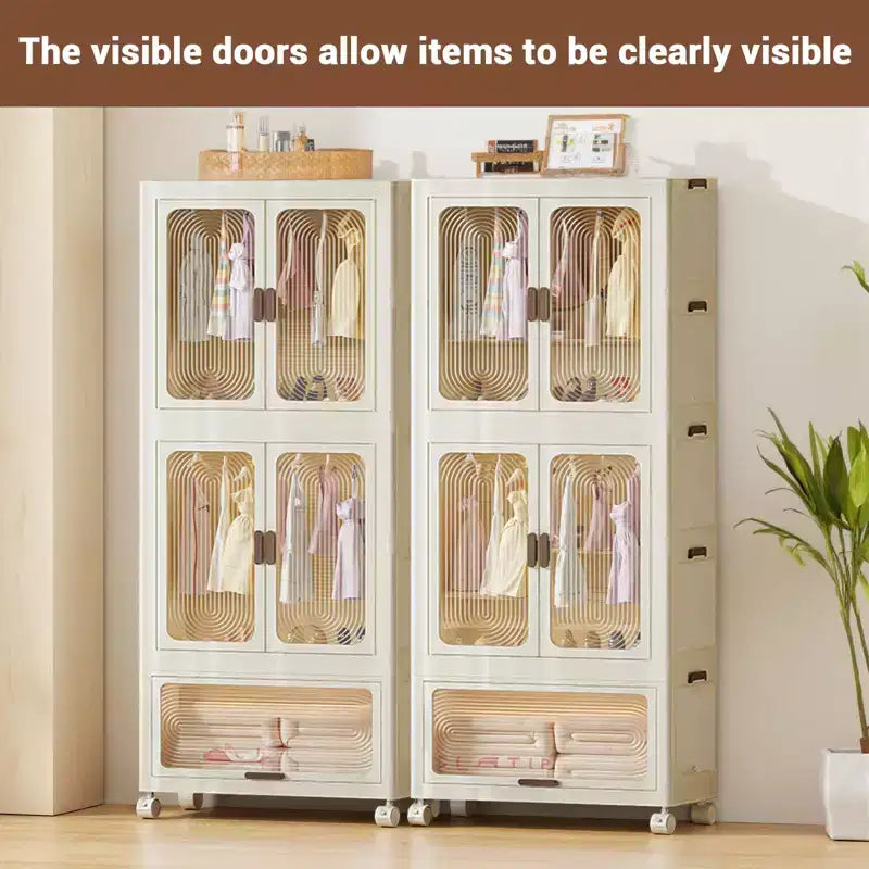 3 Tier Portable Kids Wardrobe Closet with Doors, Plastic Children's Clothing Storage Cabinet with Hanging Rod & 10 Hangers
