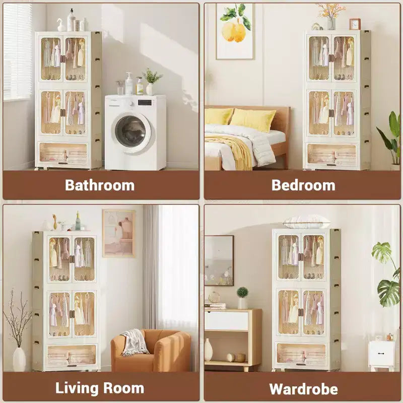 3 Tier Portable Kids Wardrobe Closet with Doors, Plastic Children's Clothing Storage Cabinet with Hanging Rod & 10 Hangers