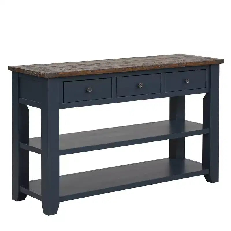Hostack 48'' Solid Wood Top Console Table with 3 Storage Drawers and 2 Shelves, Blue
