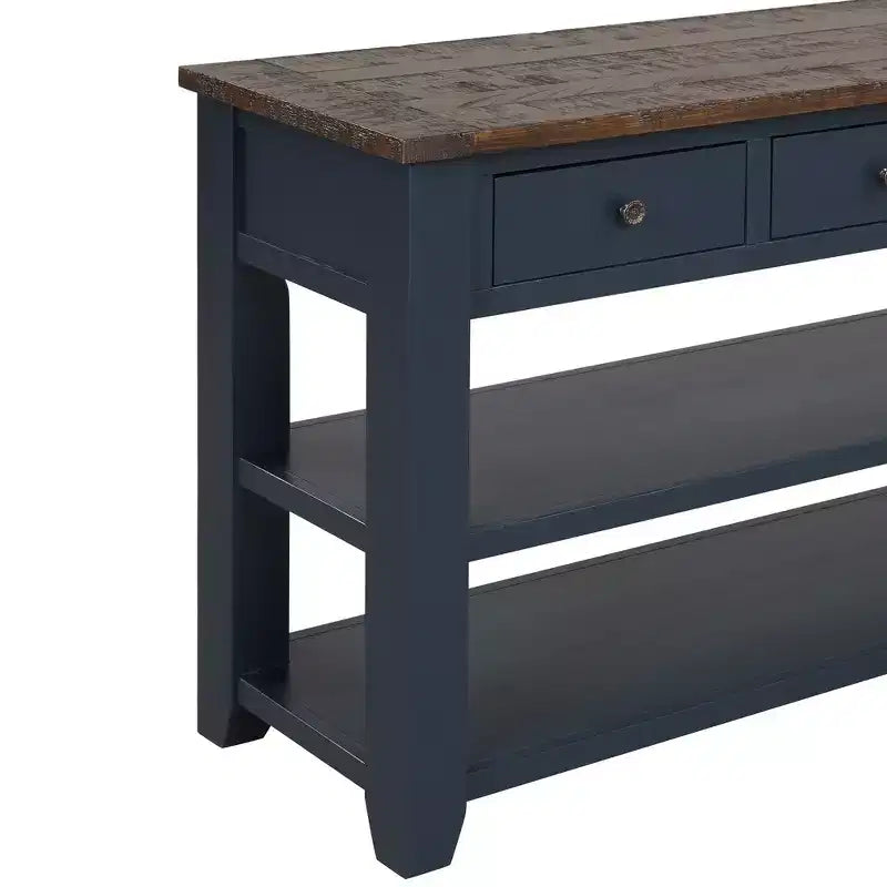 Hostack 48'' Solid Wood Top Console Table with 3 Storage Drawers and 2 Shelves, Blue