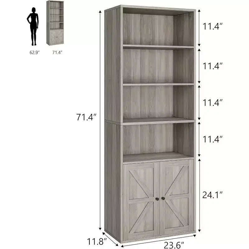 Acekool Farmhouse Bookcase with Doors, 6-Shelf 71.4 Tall Display & Storage Cabinet, Rustic Grey, 2-Pack