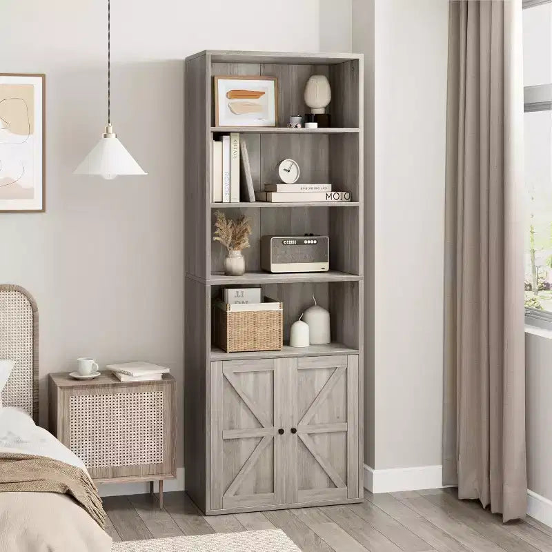 Acekool Farmhouse Bookcase with Doors, 6-Shelf 71.4 Tall Display & Storage Cabinet, Rustic Grey, 2-Pack