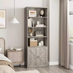Acekool Farmhouse Bookcase with Doors, 6-Shelf 71.4 Tall Display & Storage Cabinet, Rustic Grey, 2-Pack