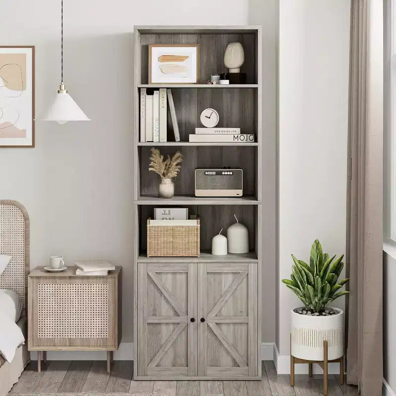 Acekool Farmhouse Bookcase with Doors, 6-Shelf 71.4 Tall Display & Storage Cabinet, Rustic Grey, 2-Pack