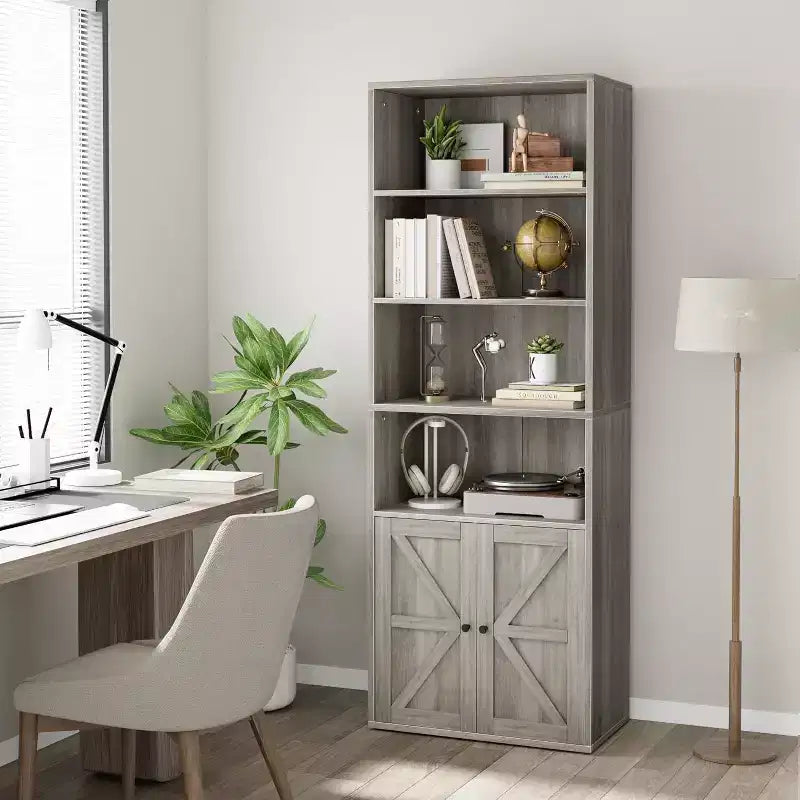 Acekool Farmhouse Bookcase with Doors, 6-Shelf 71.4 Tall Display & Storage Cabinet, Rustic Grey, 2-Pack