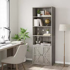 Acekool Farmhouse Bookcase with Doors, 6-Shelf 71.4 Tall Display & Storage Cabinet, Rustic Grey, 2-Pack