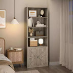 Acekool Farmhouse Bookcase with Doors, 6-Shelf 71.4 Tall Display & Storage Cabinet, Rustic Grey, 2-Pack