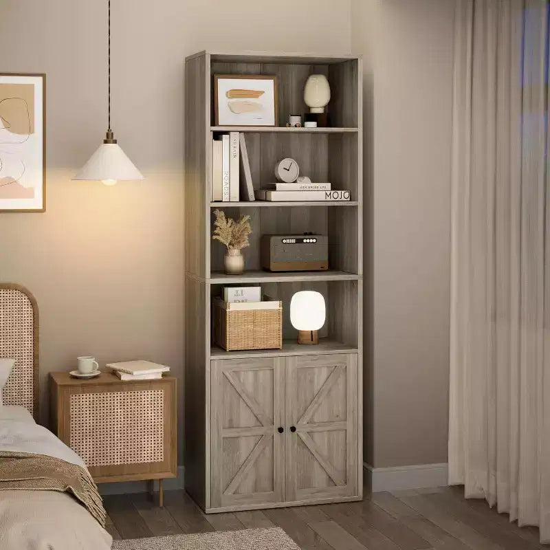 Acekool Farmhouse Bookcase with Doors, 6-Shelf 71.4 Tall Display & Storage Cabinet, Rustic Grey, 2-Pack