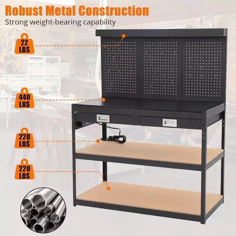 Acekool 48 Adjustable Workbench, 3-Tier Heavy-Duty Work Table with Power Outlets, Drawer & Pegboard, 880 lbs Load, for Garage Office Workshop