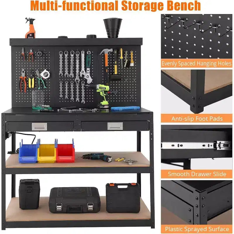 Acekool 48 Adjustable Workbench, 3-Tier Heavy-Duty Work Table with Power Outlets, Drawer & Pegboard, 880 lbs Load, for Garage Office Workshop