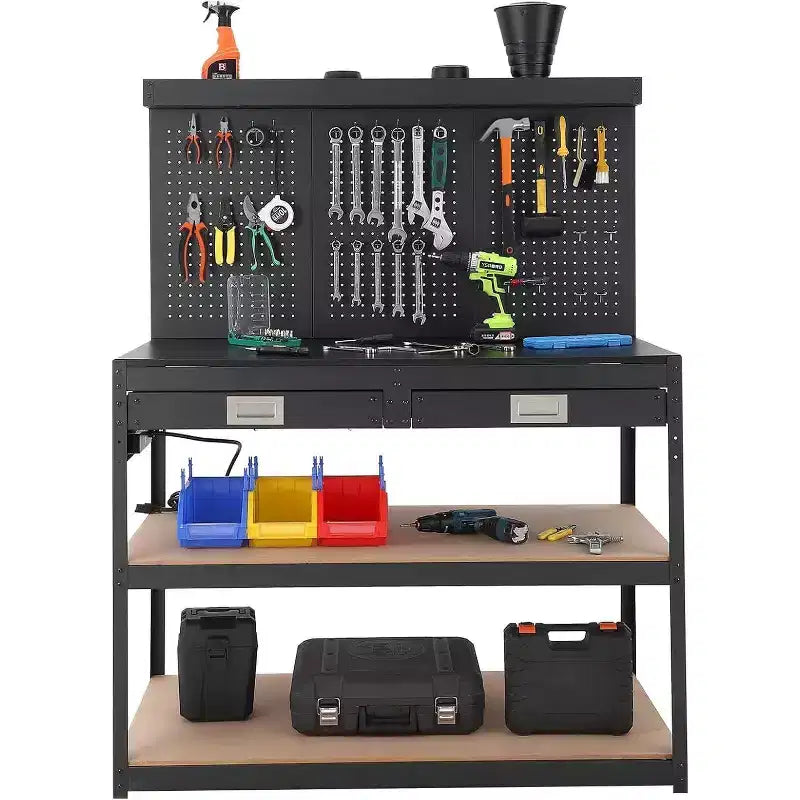 Acekool 48 Adjustable Workbench, 3-Tier Heavy-Duty Work Table with Power Outlets, Drawer & Pegboard, 880 lbs Load, for Garage Office Workshop