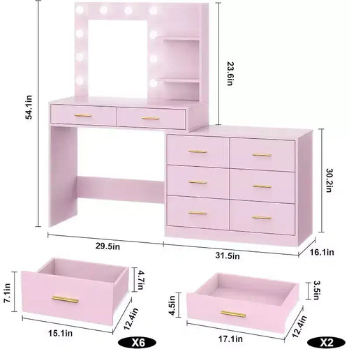 Acekool 61 Makeup Vanity Desk with Mirror, 8 Wide Drawers, 2-Tier Storage Shelves, Adjustable 3-Mode Mirror, Pink Vanity Table for Bedroom Dressing