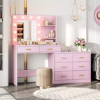 Acekool 61 Makeup Vanity Desk with Mirror, 8 Wide Drawers, 2-Tier Storage Shelves, Adjustable 3-Mode Mirror, Pink Vanity Table for Bedroom Dressing