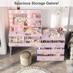 Acekool 61 Makeup Vanity Desk with Mirror, 8 Wide Drawers, 2-Tier Storage Shelves, Adjustable 3-Mode Mirror, Pink Vanity Table for Bedroom Dressing