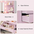 Acekool 61 Makeup Vanity Desk with Mirror, 8 Wide Drawers, 2-Tier Storage Shelves, Adjustable 3-Mode Mirror, Pink Vanity Table for Bedroom Dressing
